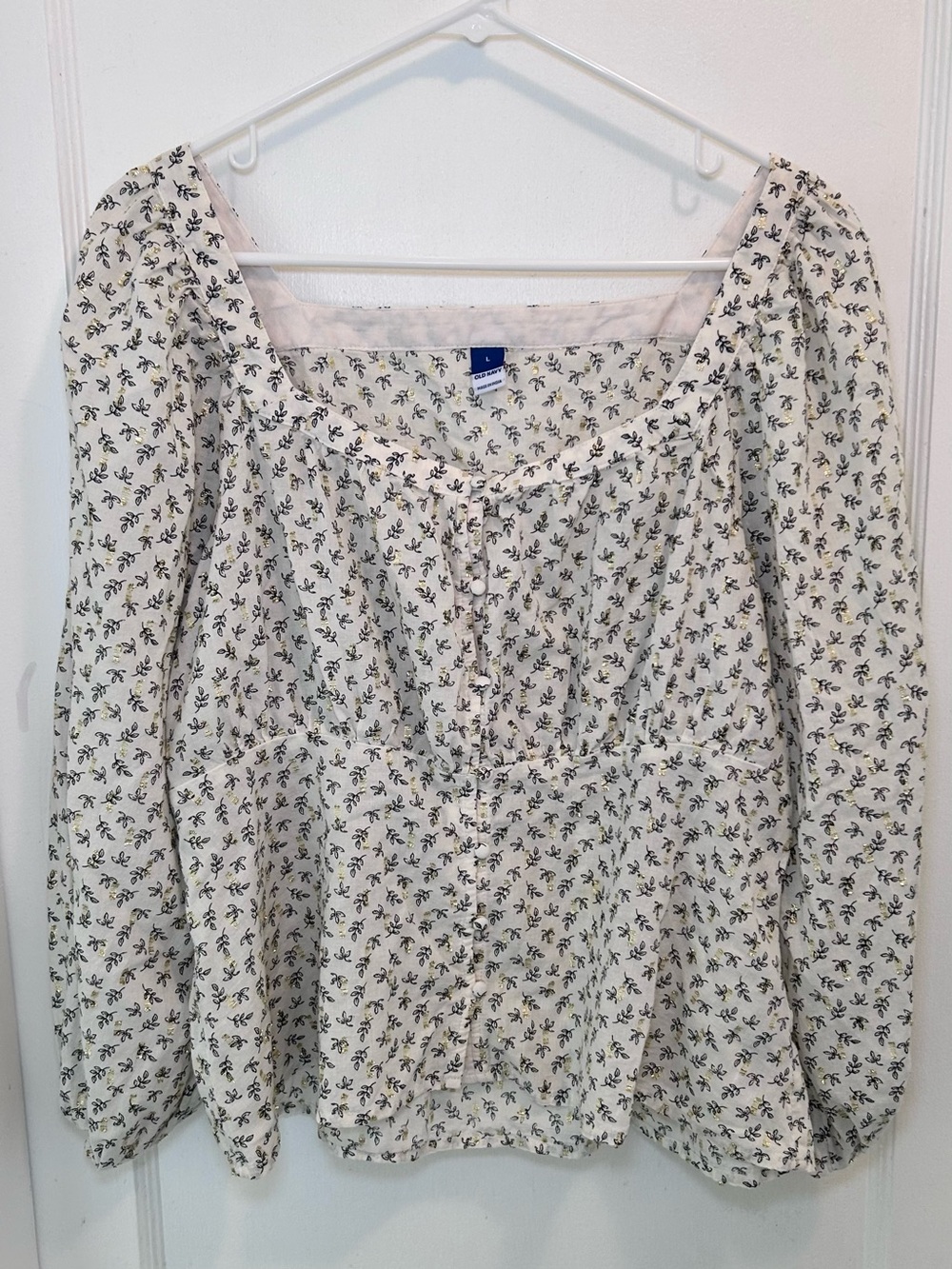 Old Navy Ditsy Floral Cream Square Neck Puff Long Sleeve Button Blouse Women’s L